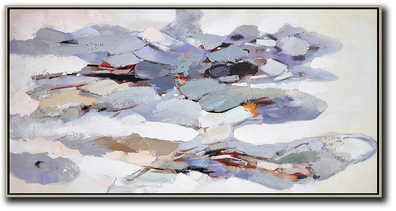 Horizontal Palette Knife Contemporary Art,Hand Paint Large Art,White,Grey,Purple
